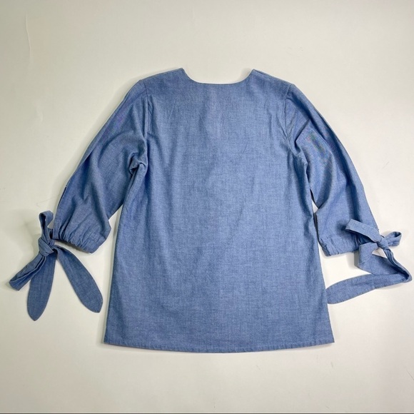 Rungolee Blue Jean Chambray Split Neck Bow Sleeve Casual Boho Hippie Top Shirt - Picture 3 of 13
